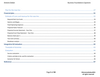 Antoine Zeidan Business Foundations Capstone
Page 5 of 49 ©AntoineZeidan2015
all rights reserved
Plan for the new line..........................................................................................................................................................27
Financial plan.......................................................................................................................................................................31
Estimate of costs and revenue for the new line...................................................................................................................32
Required Start-Up Funds........................................................................................................................................................................................... 33
Salaries and Wages.................................................................................................................................................................................................... 34
Fixed Operating Expenses......................................................................................................................................................................................... 35
Projected Sales Forecast........................................................................................................................................................................................... 36
Projected Income Statement - Year One .................................................................................................................................................................. 37
Projected Cash Flow Statement - Year One.............................................................................................................................................................. 38
Balance sheet year 1................................................................................................................................................................................................. 39
Year-end summary .................................................................................................................................................................................................... 40
Breakeven analysis.................................................................................................................................................................................................... 41
Integration & Evaluation......................................................................................................................................................42
Timetable of Activities .......................................................................................................................................................43
Evaluation .........................................................................................................................................................................44
Success evaluation .................................................................................................................................................................................................... 44
Criteria and data to be used for evaluation:............................................................................................................................................................. 45
Scenarios for failure .................................................................................................................................................................................................. 46
Reference ............................................................................................................................................................................47
 
