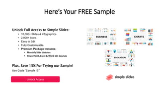 Here’s Your FREE Sample
Unlock Full Access to Simple Slides:
• 10,000+ Slides & Infographics
• 2,000+ Icons
• Easy to Edit
• Fully Customizable
• Premium Package Includes:
• Monthly Slide Updates
• PowerPoint, Excel & Word 101 Courses
Plus, Save 15% For Trying our Sample!
Use Code “Sample15”
Unlock Access
 