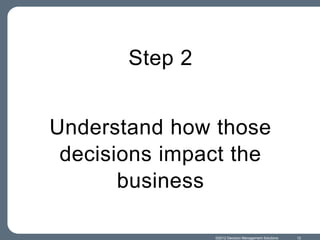 Step 2


Understand how those
 decisions impact the
       business

                ©2012 Decision Management Solutions   12
 