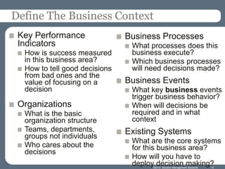 Define The Business Context
 Key Performance               Business Processes
 Indicators                     What processes does this
  How is success measured       business execute?
  in this business area?        Which business processes
  How to tell good decisions    will need decisions made?
  from bad ones and the
  value of focusing on a       Business Events
  decision                      What key business events
                                trigger business behavior?
 Organizations                  When will decisions be
  What is the basic             required and in what
  organization structure        context
  Teams, departments,          Existing Systems
  groups not individuals
                                What are the core systems
  Who cares about the           for this business area?
  decisions
                                How will you have to
                                deploy decision making?
                                      ©2012 Decision Management Solutions   14
 