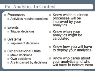 Put Analytics In Context
 Processes                       Know which business
  Activities require decisions   processes will be
                                 improved by your
                                 analytics
 Events
  Trigger decisions              Know when your
                                 analytics might be
 Systems                         calculated
  Implement decisions
                                 Know how you will have
 Organizational Units            to deploy your analytics
  Make decisions
  Own decisions                  Know who cares about
  Are impacted by decisions      your analytics and who
                                 will have to believe them
                                        ©2012 Decision Management Solutions   15
 