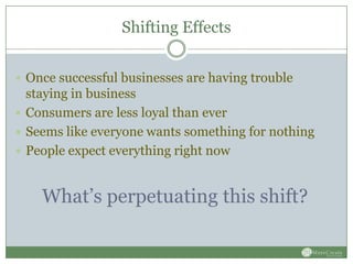 Shifting Effects
 Once successful businesses are having trouble
staying in business
 Consumers are less loyal than ever
...