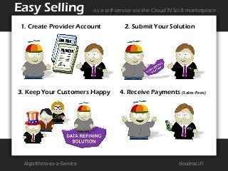 Algorithms-as-a-Service 
cloudnsci.fi 
Easy Selling 
1. Create Provider Account 
2. Submit Your Solution 
3. Keep Your Cus...
