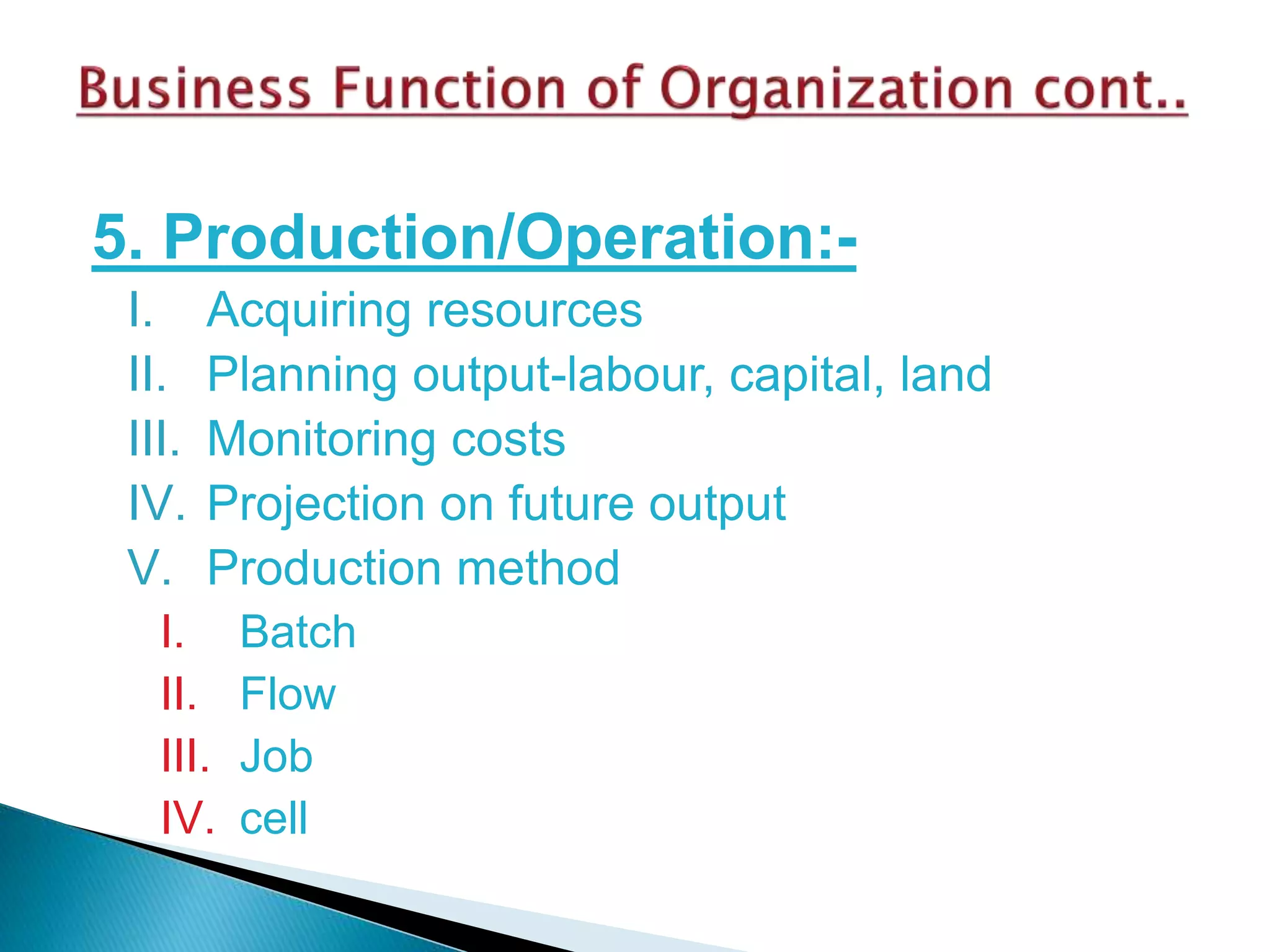 5. Production/Operation:-
I. Acquiring resources
II. Planning output-labour, capital, land
III. Monitoring costs
IV. Projection on future output
V. Production method
I. Batch
II. Flow
III. Job
IV. cell
 