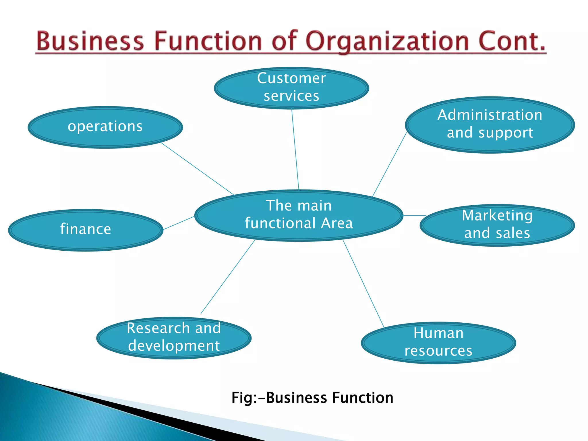 The main
functional Area
operations
Customer
services
Administration
and support
finance
Marketing
and sales
Research and
development
Human
resources
Fig:-Business Function
 