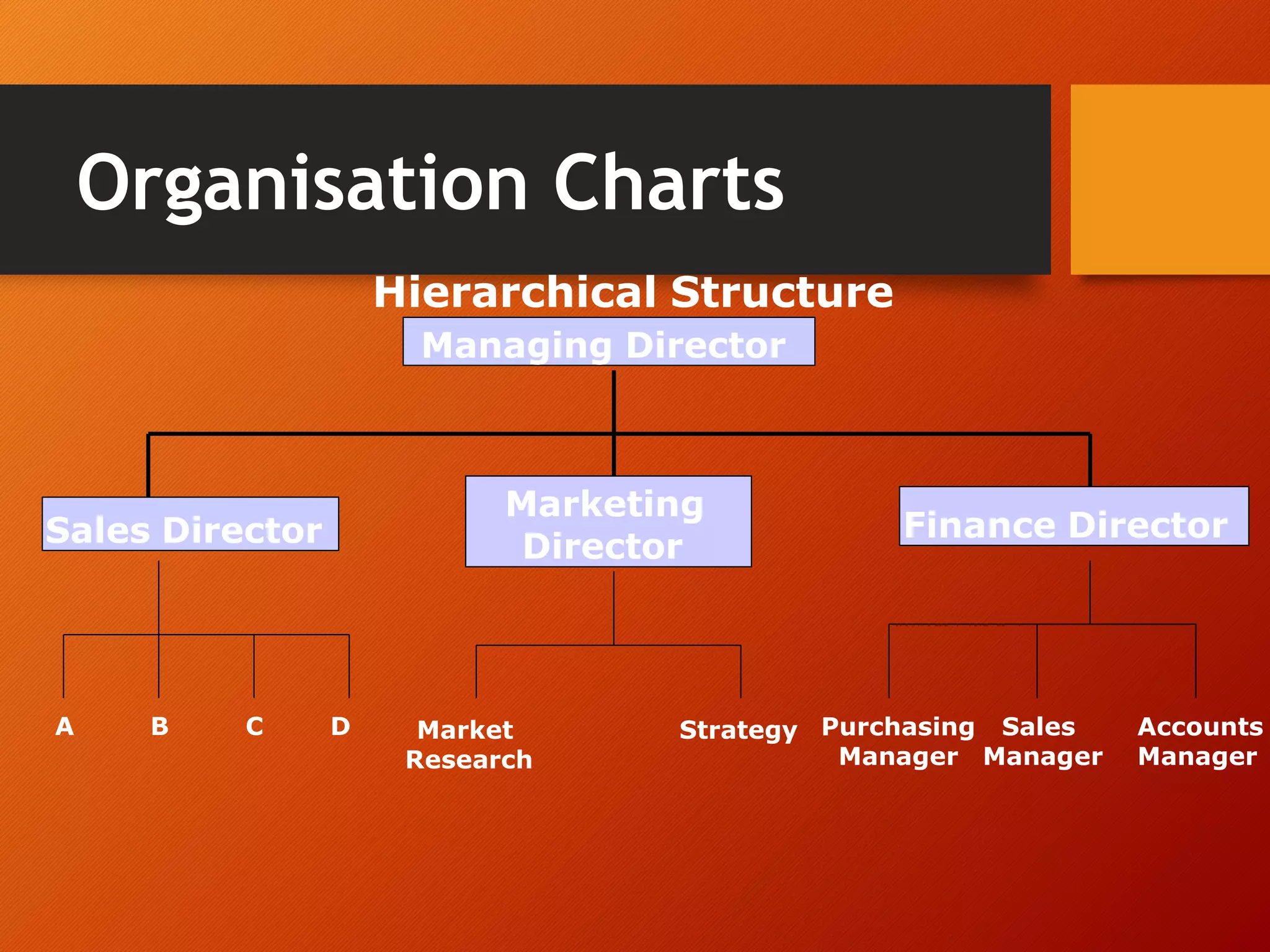 Organisation Charts
Hierarchical Structure
Managing Director
Sales Director
Marketing
Director
Finance Director
A B C D Market
Research
Strategy Purchasing Sales
Manager Manager
Accounts
Manager
 