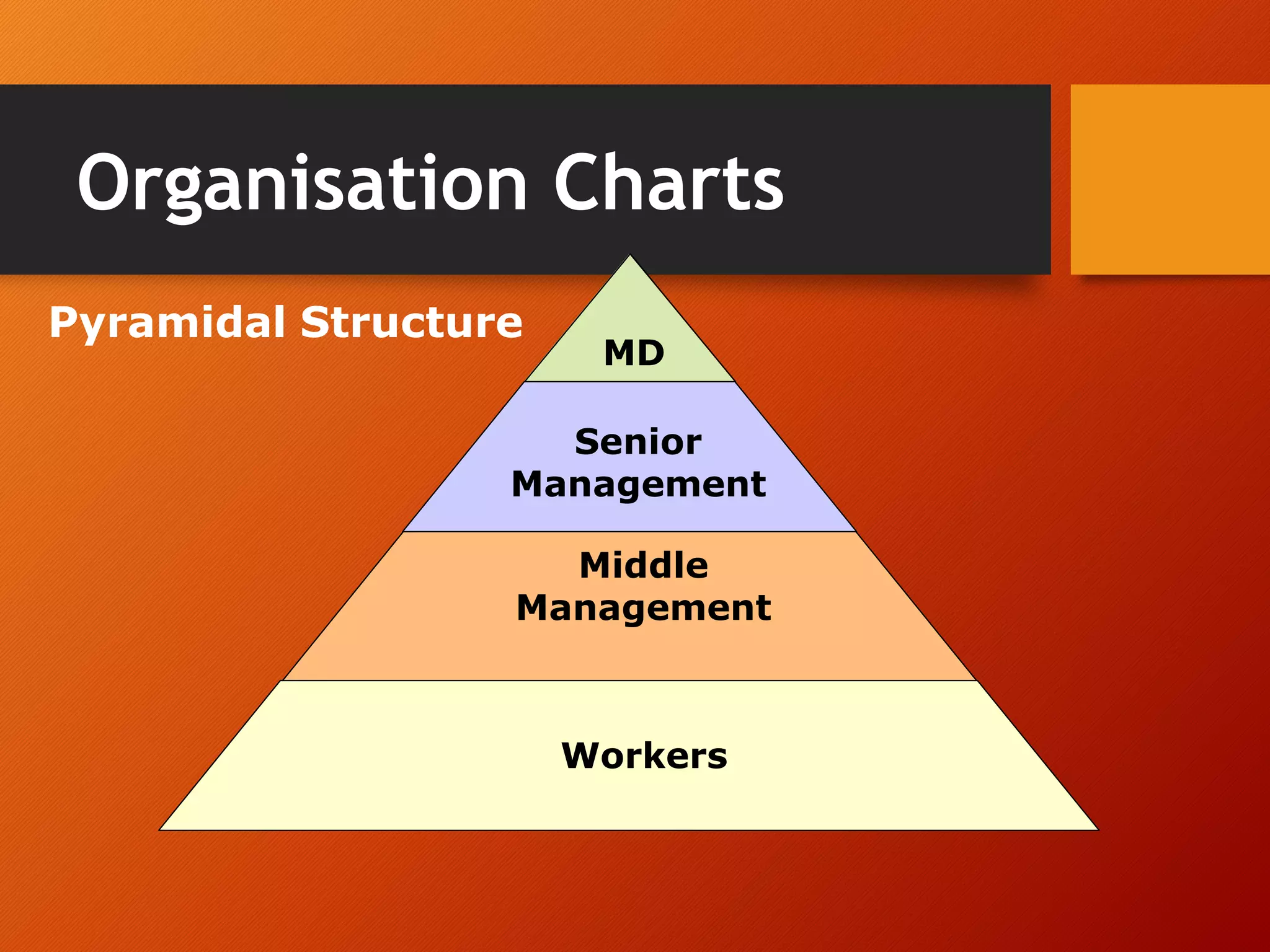 Organisation Charts
MD
Pyramidal Structure
Senior
Management
Middle
Management
Workers
 