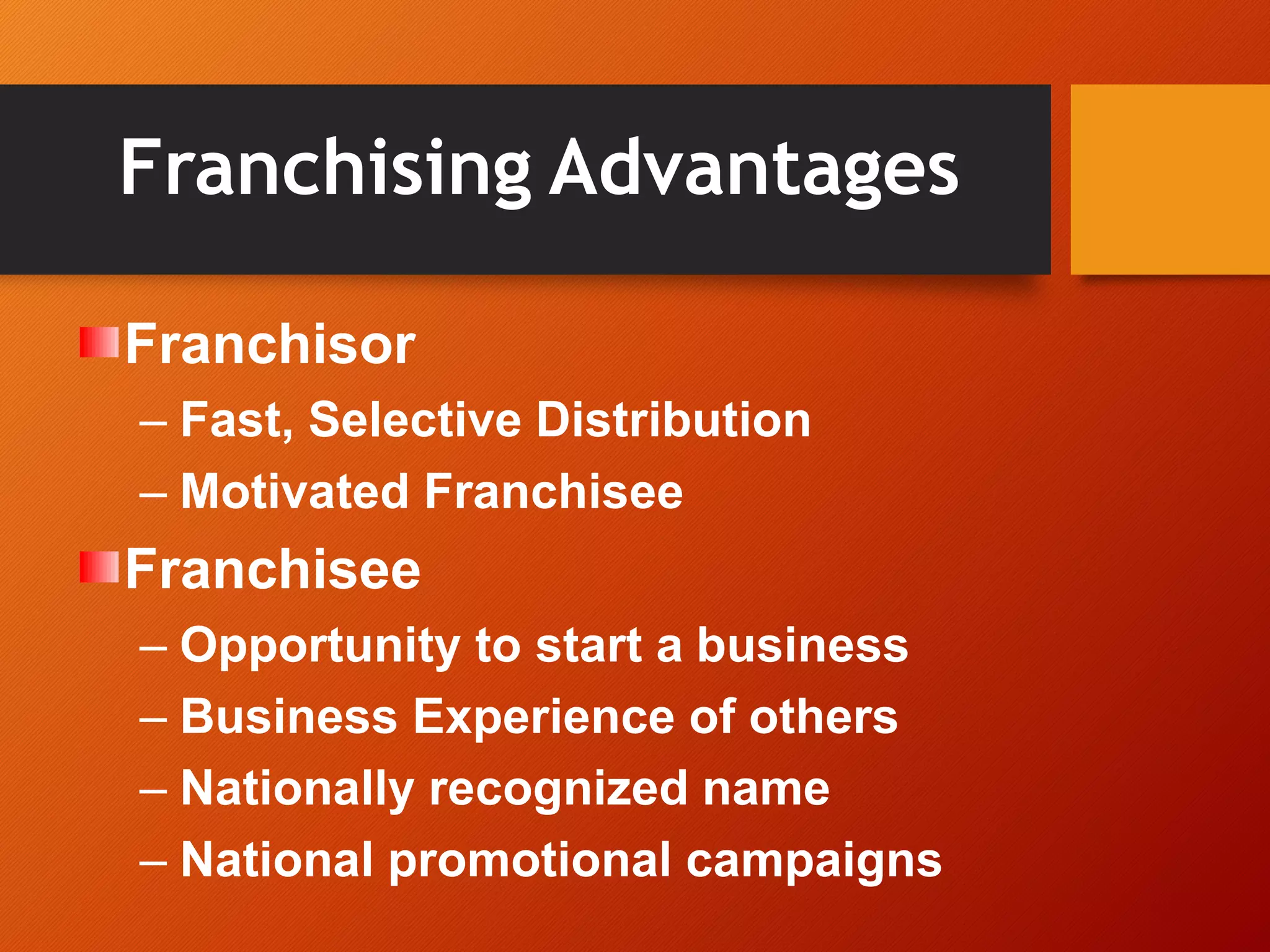 Franchising Advantages
Franchisor
– Fast, Selective Distribution
– Motivated Franchisee
Franchisee
– Opportunity to start a business
– Business Experience of others
– Nationally recognized name
– National promotional campaigns
 