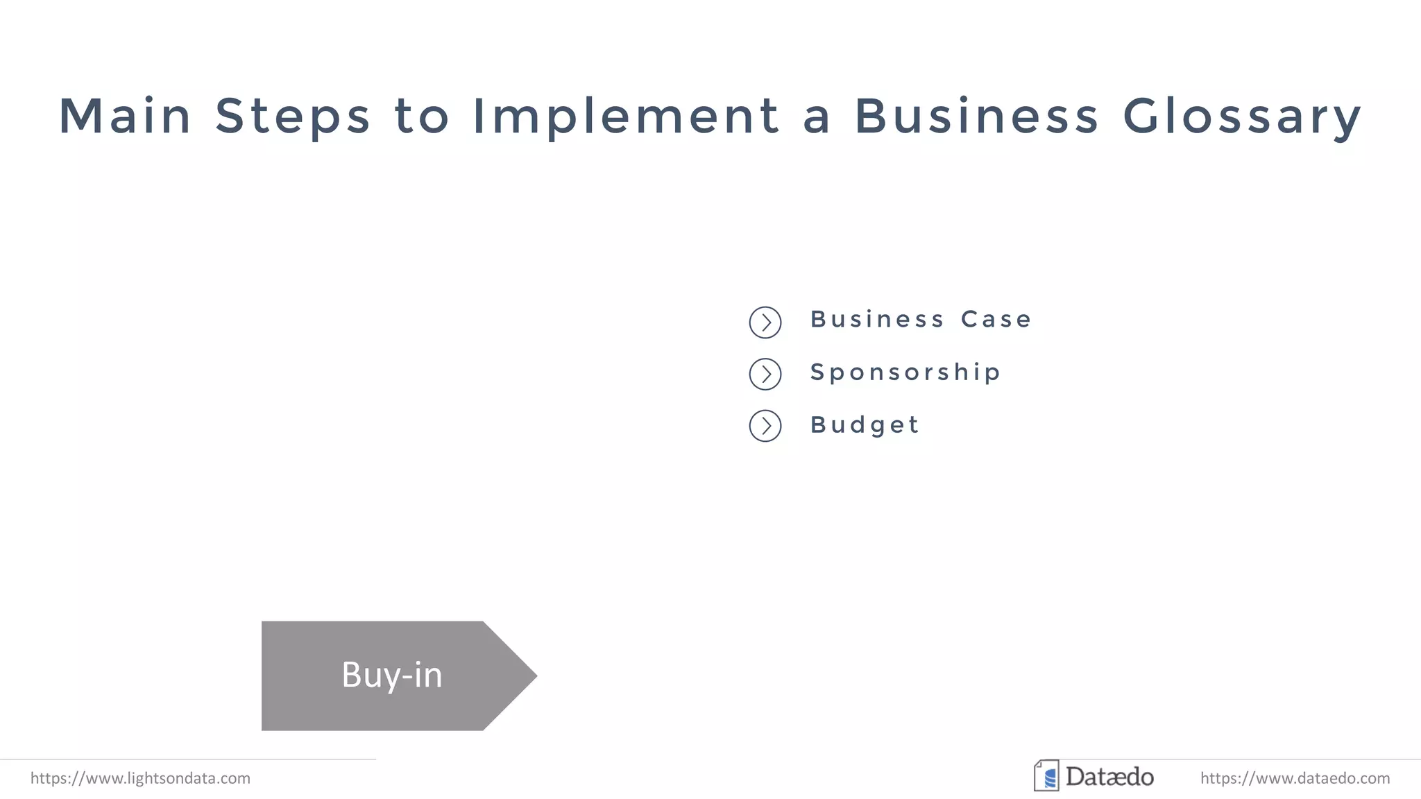 Main Steps to Implement a Business Glossary
Buy-in
Best
Practices
Content Tool
https://www.lightsondata.com
B u s i n e s s C a s e
S p o n s o r s h i p
B u d g e t
https://www.dataedo.com
 