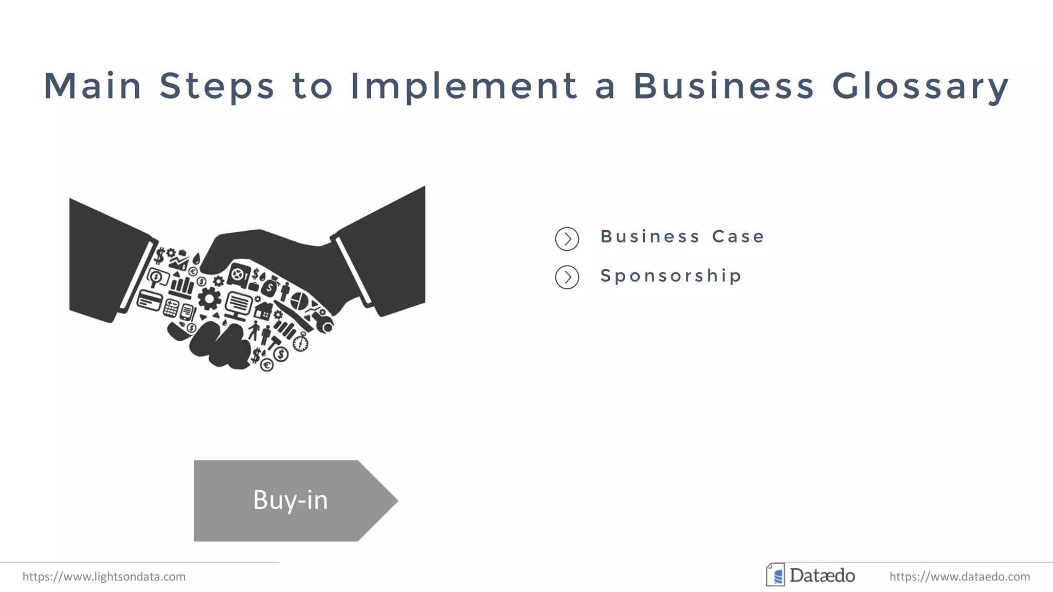Main Steps to Implement a Business Glossary
Buy-in
Best
Practices
Content Tool
https://www.lightsondata.com
B u s i n e s s C a s e
S p o n s o r s h i p
Drivers | Main pain points | Stakeholders
https://www.dataedo.com
 