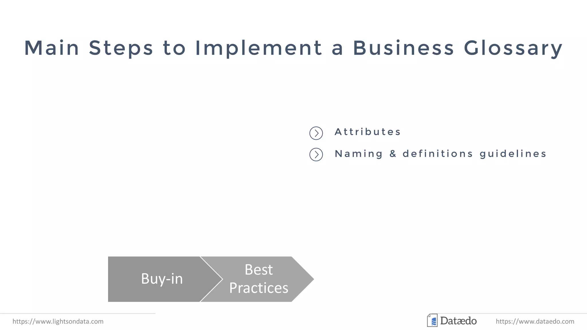 Main Steps to Implement a Business Glossary
https://www.lightsondata.com
A t t r i b u t e s
N a m i n g & d e f i n i t i o n s g u i d e l i n e s
Drivers | Main pain points | Stakeholders
Buy-in
Best
Practices
Content Tool
https://www.dataedo.com
 