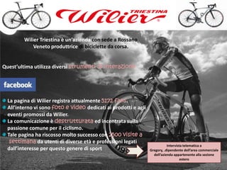 Wilier Triestina è un’azienda con sede a Rossano Veneto produttrice di biciclette da corsa.Quest’ultima utilizza diversi strumenti di interazione: La pagina di Wilier registra attualmente 5172 fans. All’interno vi sono foto e video dedicati ai prodotti e agli     eventi promossi da Wilier. La comunicazione è destrutturata ed incentrata sulla     passione comune per il ciclismo. Tale pagina ha riscosso molto successo con 2500 visite a     settimana da utenti di diverse età e professioni legati     dall’interesse per questo genere di sportIntervista telematica a Gregory, .dipendente dell’area commerciale dell’azienda appartenente alla sezione estero