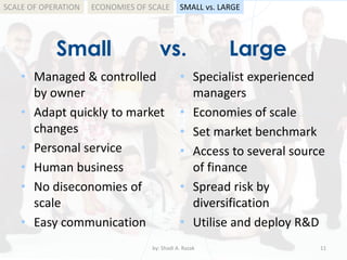 Small vs. Large
• Managed & controlled
by owner
• Adapt quickly to market
changes
• Personal service
• Human business
• No diseconomies of
scale
• Easy communication
• Specialist experienced
managers
• Economies of scale
• Set market benchmark
• Access to several source
of finance
• Spread risk by
diversification
• Utilise and deploy R&D
by: Shadi A. Razak 11
SCALE OF OPERATION SMALL vs. LARGEECONOMIES OF SCALE
 