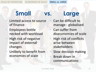 Small vs. Large
• Limited access to source
of finance
• Employees bottle
necked with workload
• High risk of negative
impact of external
changes
• Unlikely to benefit from
economies of scale
• Can be difficult to
manage - globalised
• Can suffer from
diseconomies of scale
• High risk of conflicts
arise between
stakeholders
• Slow decision making
• Break down in
communications
by: Shadi A. Razak 12
SCALE OF OPERATION SMALL vs. LARGEECONOMIES OF SCALE
 