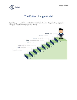 Business Growth
The Kotter change model
Explain how you would implement the Kotter model to implement a change in a large corporation
(change, or project, and company of your choice).
 
