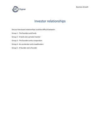 Business Growth
Investor relationships
Discuss how board relationships could be difficult between:
Group 1 - The founders and funds
Group 2 - A bank and a private investor
Group 3 - The founders and a corporation
Group 4 - An accelerator and crowdfunders
Group 5 - A founder and a founder
 