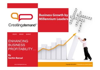 Business Growth by
                                   Millennium Leaders



   CREATE    BRAND        MARKET




ENHANCING
                                                                  It’s About
BUSINESS                                                        Behavior and
PROFITABILITY…                                                        not
                                                                 Technology
By
Sachin Bansal

     www.creatingdemand.org                        Copyright 2012-2013   Presentation by: Sachin Bansal
 