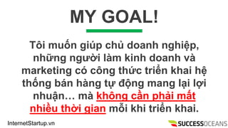 InternetStartup.vn
MY GOAL!
T?i mu?n gip ch? doanh nghi?p,
nh?ng ng??i lm kinh doanh v
marketing c c?ng th?c tri?n khai h?
th?ng bn hng t? ??ng mang l?i l?i
nhu?n m kh?ng c?n ph?i m?t
nhi?u th?i gian m?i khi tri?n khai.
 