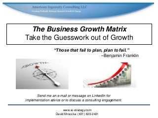 www.ai-strategy.com
David Mroczka (631) 620-2431
The Business Growth Matrix
Take the Guesswork out of Growth
“Those that fail to plan, plan to fail.”
–Benjamin Franklin
Send me an e-mail or message on LinkedIn for
implementation advice or to discuss a consulting engagement.
 