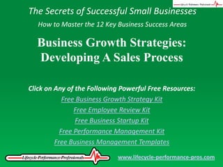 The Secrets of Successful Small Businesses How to Master the 12 Key Business Success Areas Business Growth Strategies:  Developing A Sales Process Click on Any of the Following Powerful Free Resources: Free Business Growth Strategy Kit Free Employee Review Kit Free Business Startup Kit Free Performance Management Kit Free Business Management Templates www.lifecycle-performance-pros.com 