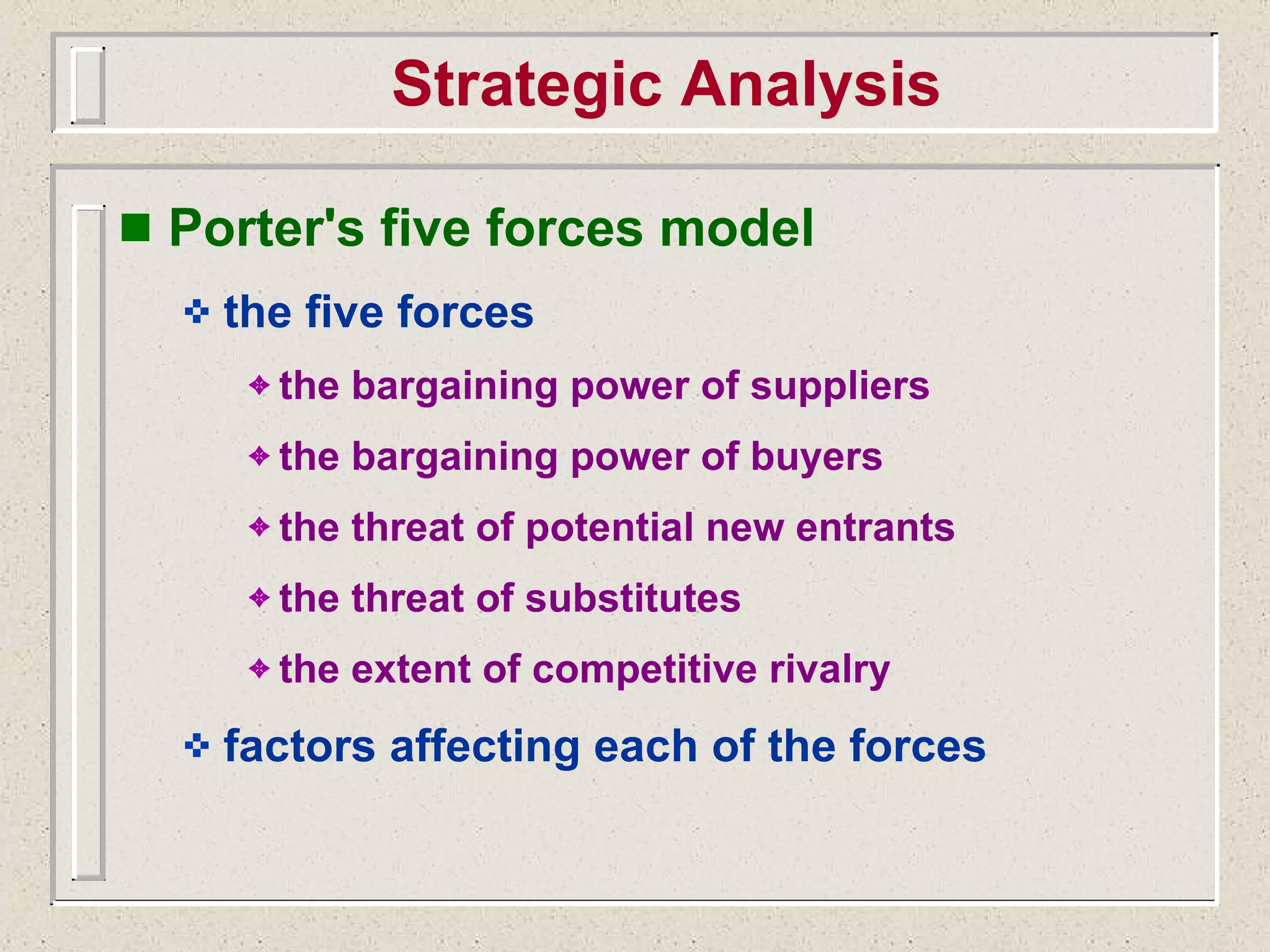 Strategic Analysis Porter's five forces model the five forces the bargaining power of suppliers the bargaining power of buyers the threat of potential new entrants the threat of substitutes the extent of competitive rivalry factors affecting each of the forces 