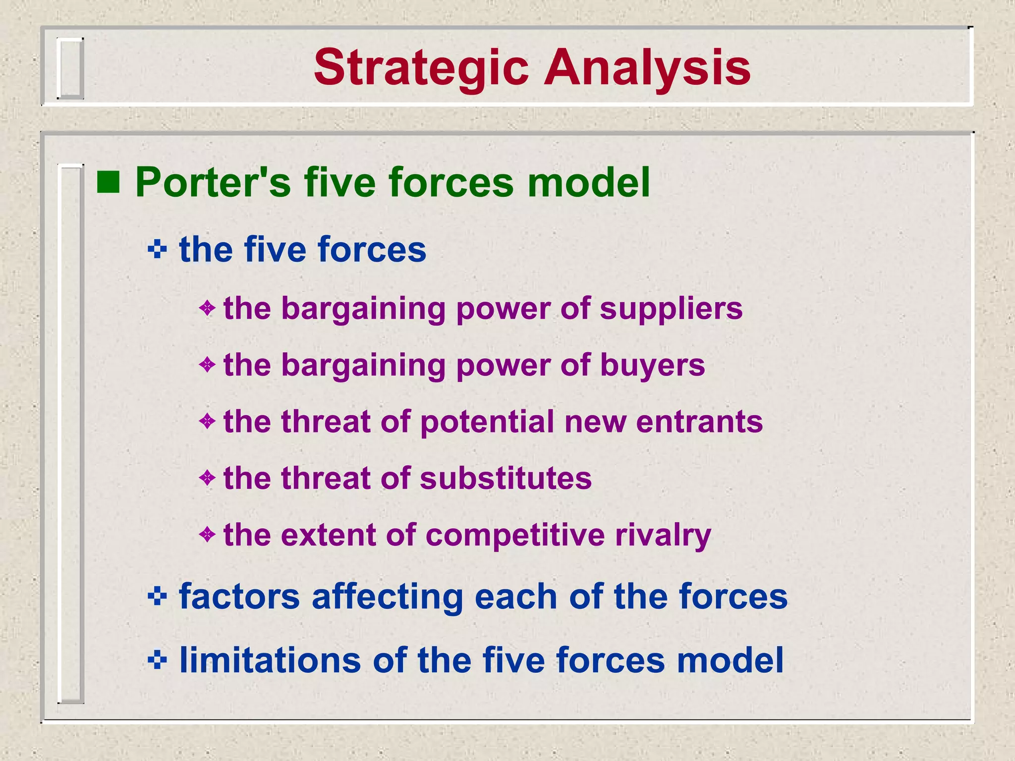 Strategic Analysis Porter's five forces model the five forces the bargaining power of suppliers the bargaining power of buyers the threat of potential new entrants the threat of substitutes the extent of competitive rivalry factors affecting each of the forces limitations of the five forces model 