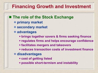 <ul><li>The role of the Stock Exchange </li></ul><ul><ul><li>primary market </li></ul></ul><ul><ul><li>secondary market </...