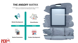 THE ANSOFF MATRIX
Ansoff's Matrix is a marketing planning model that helps a business
determine its product and market growth strategy.
Product DevelopmentMarket Penetration
DiversificationMarket Development
P
r
o
d
u
c
t
a
n
d
S
e
r
v
i
c
e
Markets Markets
 