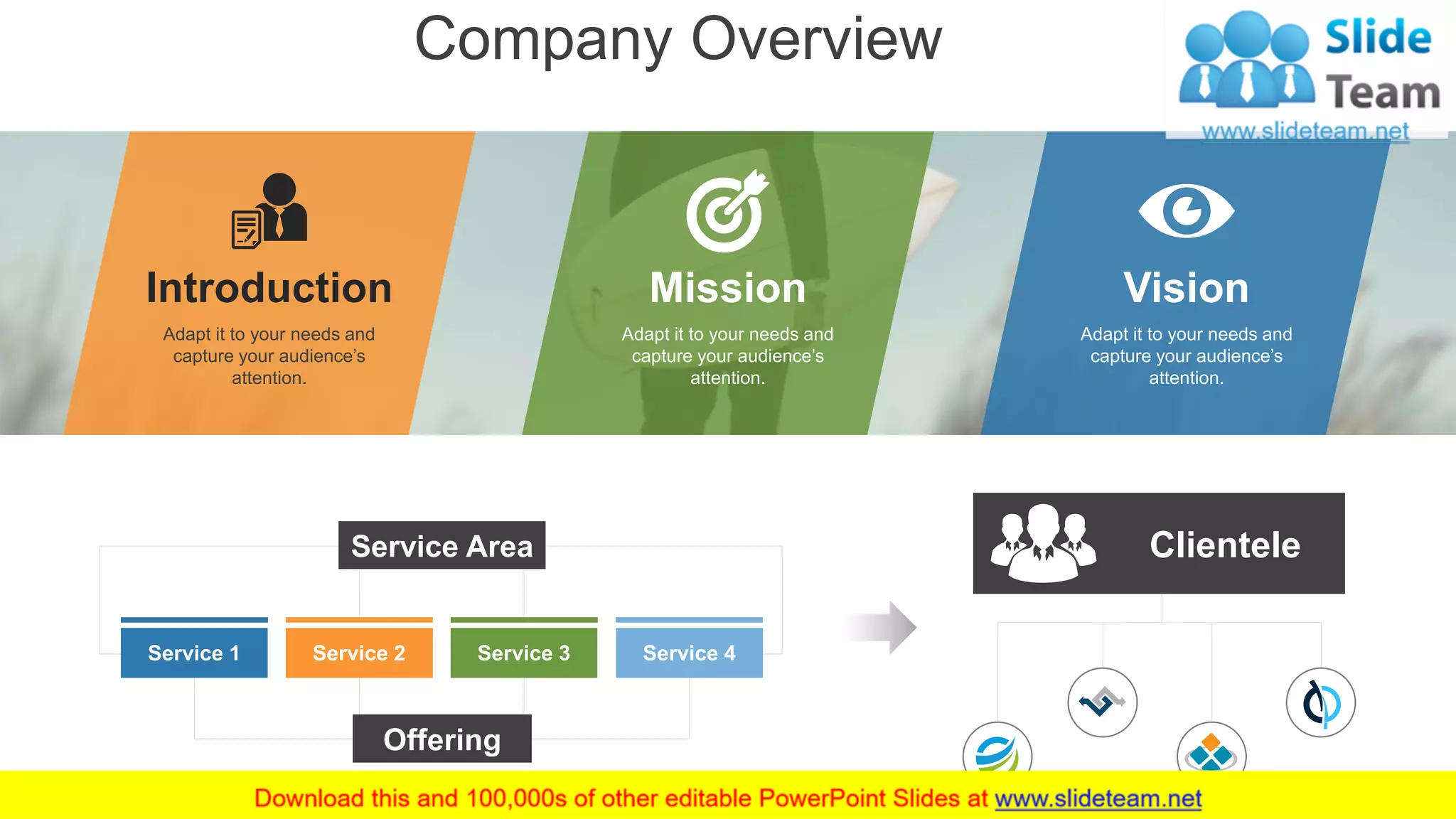 Company Overview
4
Introduction
Adapt it to your needs and
capture your audience’s
attention.
Mission
Adapt it to your needs and
capture your audience’s
attention.
Vision
Adapt it to your needs and
capture your audience’s
attention.
Clientele
Service 1 Service 2 Service 3 Service 4
Offering
Service Area
 