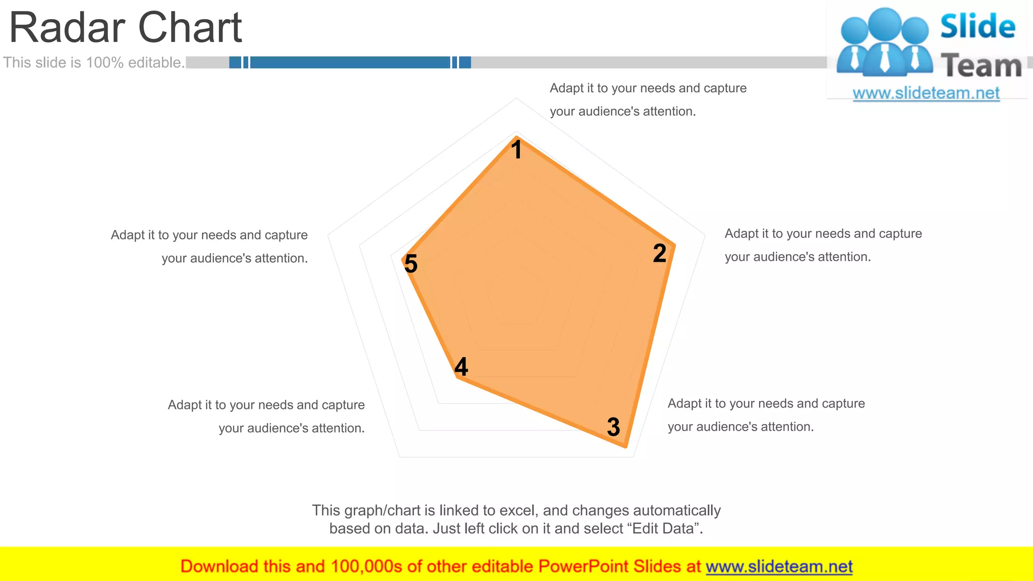 This slide is 100% editable.
Radar Chart
63
This graph/chart is linked to excel, and changes automatically
based on data. Just left click on it and select “Edit Data”.
1
2
3
4
5
Adapt it to your needs and capture
your audience's attention.
Adapt it to your needs and capture
your audience's attention.
Adapt it to your needs and capture
your audience's attention.
Adapt it to your needs and capture
your audience's attention.
Adapt it to your needs and capture
your audience's attention.
 