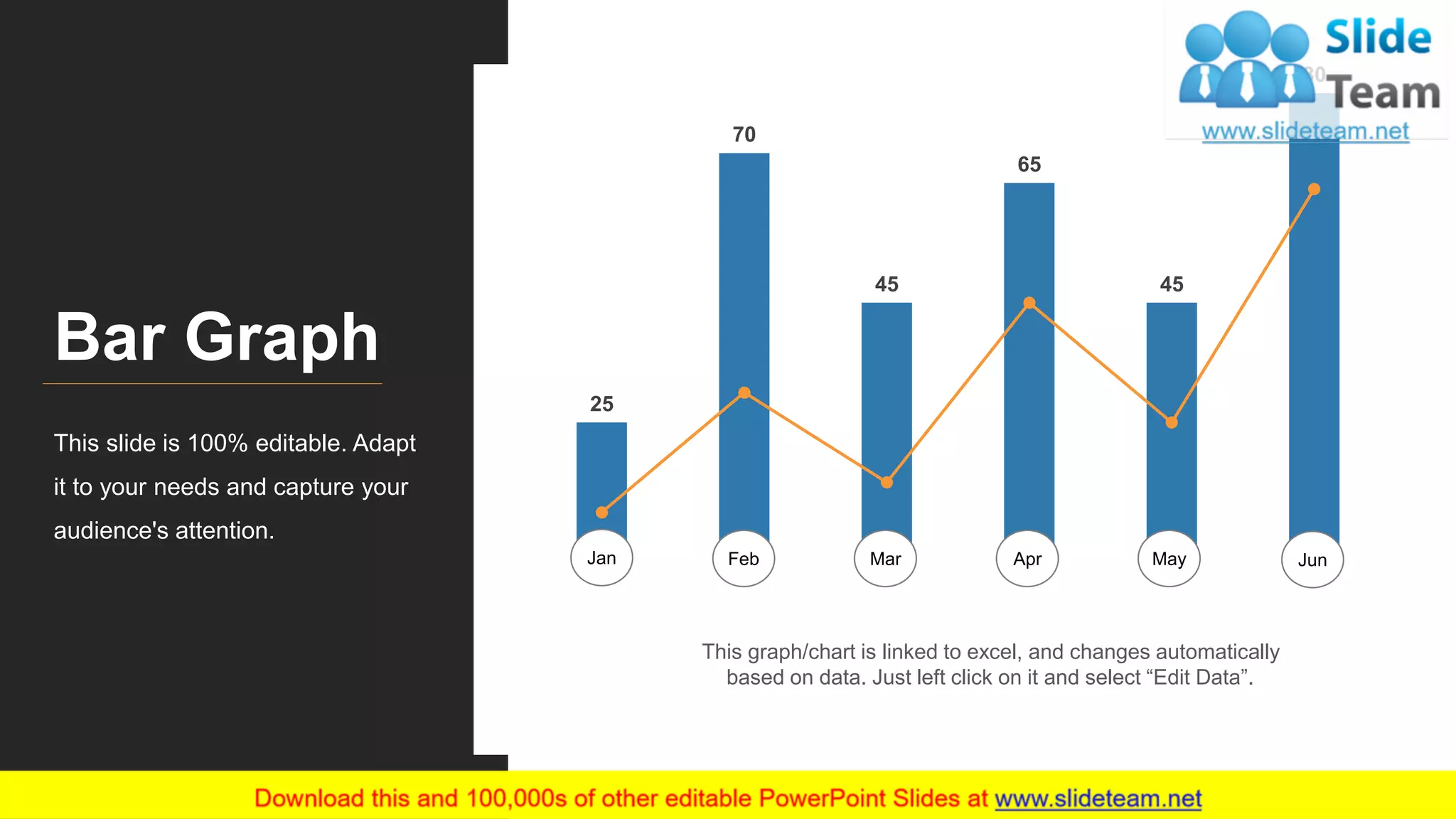 65
This graph/chart is linked to excel, and changes automatically
based on data. Just left click on it and select “Edit Data”.
25
70
45
65
45
80
Jan Feb Mar Apr May Jun
Bar Graph
This slide is 100% editable. Adapt
it to your needs and capture your
audience's attention.
 