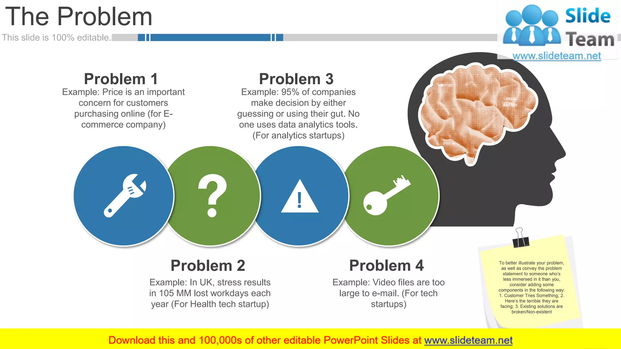 This slide is 100% editable.
Example: In UK, stress results
in 105 MM lost workdays each
year (For Health tech startup)
Problem 2
Example: 95% of companies
make decision by either
guessing or using their gut. No
one uses data analytics tools.
(For analytics startups)
Problem 3
Example: Video files are too
large to e-mail. (For tech
startups)
Problem 4
Example: Price is an important
concern for customers
purchasing online (for E-
commerce company)
Problem 1
The Problem
8
To better illustrate your problem,
as well as convey the problem
statement to someone who’s
less immersed in it than you,
consider adding some
components in the following way:
1. Customer Tries Something; 2.
Here’s the terrible they are
facing; 3. Existing solutions are
broken/Non-existent
 