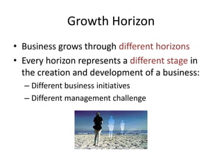 Growth HorizonBusiness grows through different horizonsEvery horizon represents a different stage in the creation and development of a business:Different business initiativesDifferent management challenge