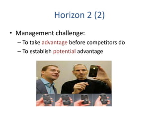 Horizon 2 (2)Management challenge:To take advantage before competitors doTo establish potential advantage