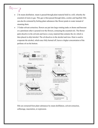2 In steam distillation, steam is passed through plant material held in a still, whereby the
essential oil turns to gas. This gas is then passed through tubes, cooled, and liquified. Oils
can also be extracted by boiling plant substances like flower petals in water instead of
steaming them.
3 Under solvent extraction, flowers are put into large rotating tanks or drums and benzene
or a petroleum ether is poured over the flowers, extracting the essential oils. The flower
parts dissolve in the solvents and leave a waxy material that contains the oil, which is
then placed in ethyl alcohol. The oil dissolves in the alcohol and rises. Heat is used to
evaporate the alcohol, which once fully burned off, leaves a higher concentration of the
perfume oil on the bottom.




Oils are extracted from plant substances by steam disfillation, solvent extraction,
enfleurage, maceration, or expression.
 