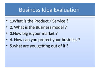 Business Idea Evaluation for business entrepreneurship | PPTX