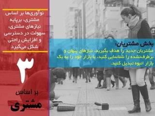 3 
بر اساس 
مشتری 
آًَ سٍ ی اّ تش اساس 
هطتشی، تشپای یًاص اّی هطتشی، 
س لَْت دس دستشسی 
افضایص ساحتی 
تخص هطتشیاى: ض 
کل هی گیشد 
هطتشیاى جذیذ سا ذّف تگیشیذ، یًاص اّی پ اٌْى تشطش ف طًذ سا ض اٌسایی ک یٌذ، یا تاصاس خ دَ سا ت یک 
تاصاس ا ثً تثذیل ک یٌذ. 
 