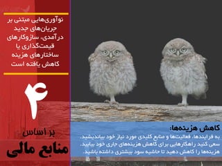 4 
بر اساس 
منابع مالی 
آًَ سٍی اّیی هثت یٌ تش 
جشیاى اّی جذیذ 
دسآهذی، ساص کٍاس اّی 
لیوت گزاسی یا 
ساختاس اّی ضّی کا صّ یافت است 
کا صّ ضّی اّ: 
ت فشای ذٌ اّ، فؼالیت اّ ه اٌتغ کلیذی ه سَد یًاص خ دَ تیا ذًیطیذ. 
سؼی ک یٌذ سا کّاس اّیی تشای کا صّ ضّی اّی جاسی خ دَ تیاتیذ. 
ضّی اّ سا کا صّ د یّذ تا حاضی س دَ تیطتشی داضت تاضیذ. 
 