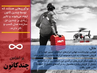 ∞ 
بر اساس 
چندکانون 
آًَ سٍی اّیی سّت ذٌ ک ت سَط چ ذٌیي کا ىًَ 
ایجاد ه یض ذًَ تاثیش 
صیادی تش چ ذٌیي جضء 
ساص ذً هذل کسة کاس داس ذً. 
هثال: 
یّلتی، ت لَیذک ذٌٌ ج اْ یً اتضاس اّی حشف ای، هسیش خ دَ سا اص 
فش شٍ هحص لَات ت اجاس هجو ػَ اتضاس اّ ت هطتشیاى تغییش داد. 
اص س یَ دیگش جشیاى اّی دسآهذی ایي ضشکت یًض اص دسآهذ اّی 
حاصل اص فش شٍ یکثاس هحص لَ ت دسآهذ اّی حاصل اص خذهات 
هکشس تغییش یافت. 
 