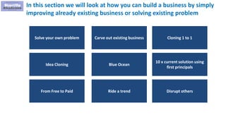 11
Carve out existing business Cloning 1 to 1Solve your own problem
Blue OceanIdea Cloning
10 x current solution using
first principals
In this section we will look at how you can build a business by simply
improving already existing business or solving existing problem
Ride a trendFrom Free to Paid Disrupt others
 