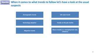 133
When it comes to what trends to follow let’s have a look at the usual
suspects
Demographic trends
Migration trends
Macro trends (i.e. unemployment rate,
inflation)
Life style trends
Technology adoption Trends on the job market
 