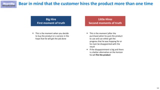 148
Bear in mind that the customer hires the product more than one time
Big Hire
First moment of truth
 This is the moment when you decide
to buy the product or a service in the
hope that he will get the job done
Little Hires
Second moments of truth
 This is the moment (after the
purchase) when he puts the product
to use and can either get the
progress that he was hopping for or
he main be disappointed with the
result
 If the disappointment is big and there
is a better alternative on the horizon
he will fire the product
 