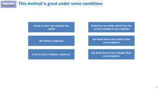 15
Going on your own requires low
capital
No license is required
A lot of small / medium customers
Customers can easily switch from the
current solution to your solution
You know how to do it better than
current players
You know how to do it cheaper than
current players
This method is great under some conditions
 