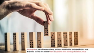 24
Carving out a piece from an existing business is interesting option to build a new
business. Usually you already have a customer base and ways to deliver value
 