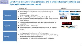 273
Let’s have a look under what conditions and in what industries you should use
the specific revenue stream model
Freemium
 This model goes usually hand in hand payment per usage or
subscription
 Can be treated as a selling tactic
 Often used for digital goods especially software (SaaS)
 Very popular with the mobile apps especially games where you create
virtual economy
When to use Examples
Free trial
 This model goes usually hand in hand with payment per usage or
subscription
 Can be treated as a selling tactic
 Often used for digital goods especially for B2C market i.e. video on
demand
Penalty
 Penalty are used heavily as a part of other contracts
 Can be used also in cases when you want to motivate people to obey
certain rules based on behavior contracts
 Heavily used by the government, education and in many apps
 