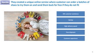 66
Variety
High delivery speed
24h customer assistance
Free shipment
Customer experience
They created a unique online service where customer can order a batches of
shoes to try them on and send them back for free if they do not fit
 