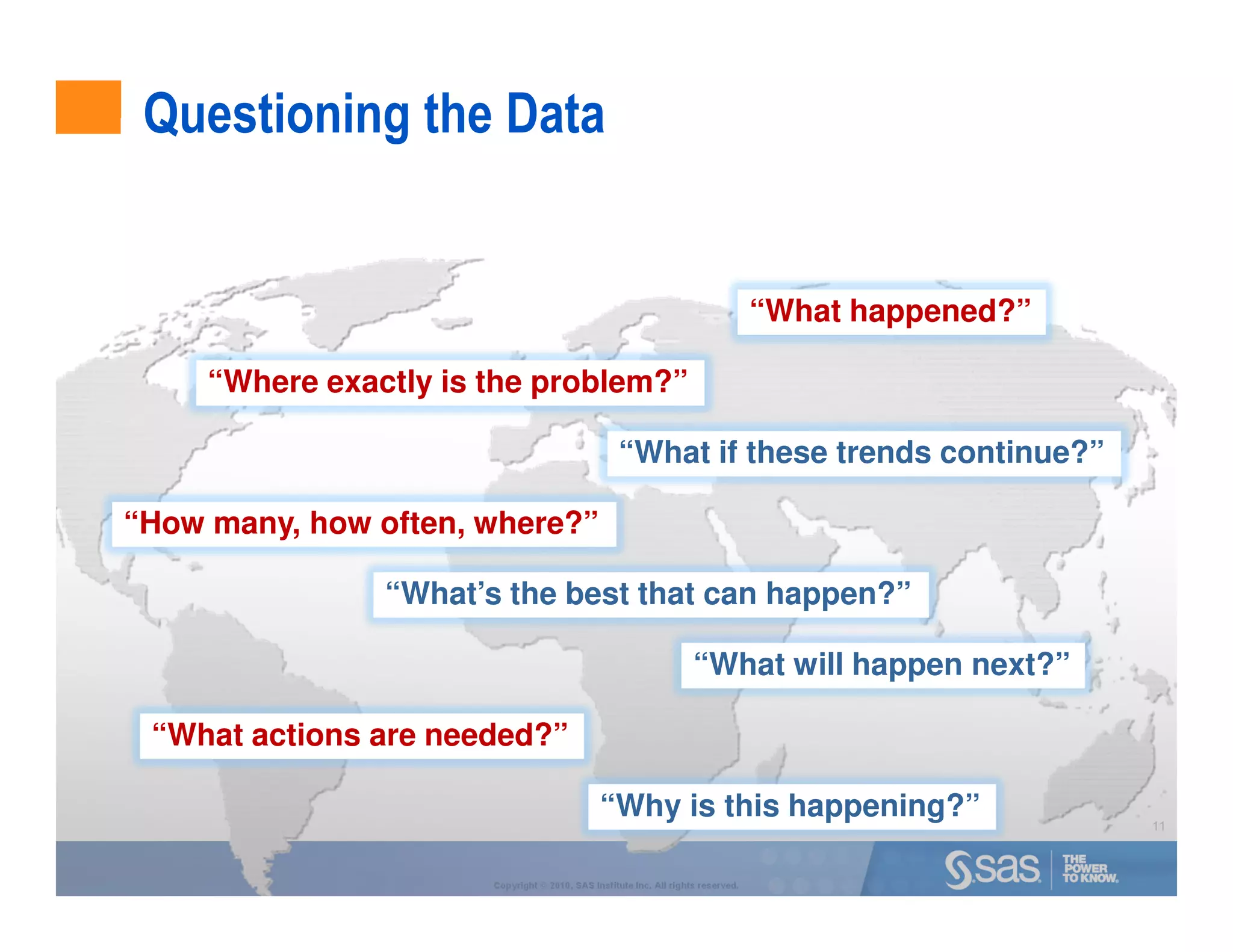 Questioning the Data


                                                                                   “What happened?”

     “Where exactly is the problem?”

                                                   “What if these trends continue?”

“How many, how often, where?”

                “What’s the best that can happen?”

                                                                     “What will happen next?”

 “What actions are needed?”

                                               “Why is this happening?”                               11



                       Copyright © 2010, SAS Institute Inc. All rights reserved.
 