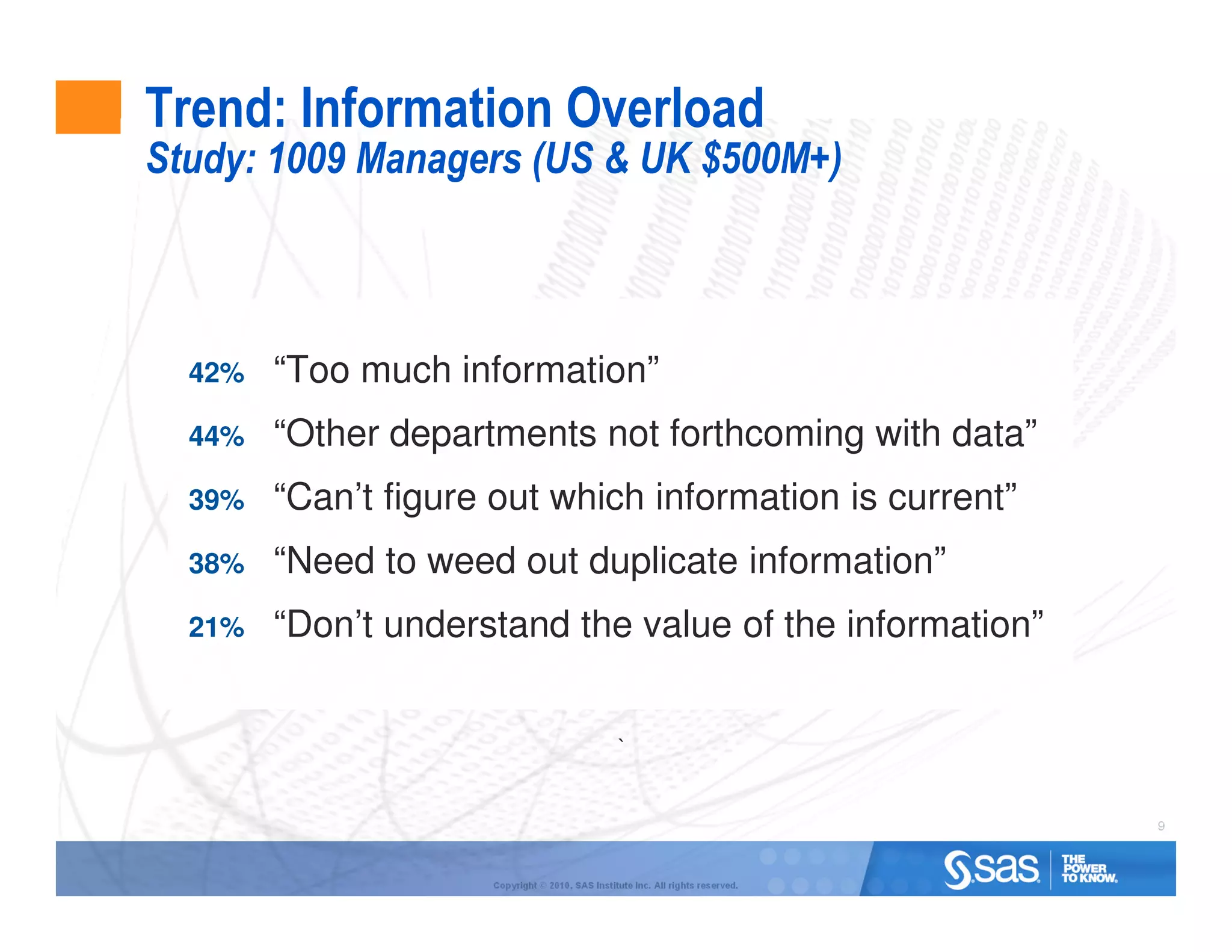 Trend: Information Overload
Study: 1009 Managers (US & UK $500M+)



  42%   “Too much information”
  44%   “Other departments not forthcoming with data”
  39%   “Can’t figure out which information is current”
  38%   “Need to weed out duplicate information”
  21%   “Don’t understand the value of the information”


                                                 `


                                                                                 9



                     Copyright © 2010, SAS Institute Inc. All rights reserved.
 