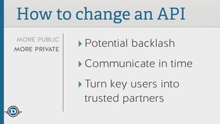 more public
more private
!
!
How to change an API
‣Potential backlash
‣Communicate in time
‣Turn key users into
trusted pa...