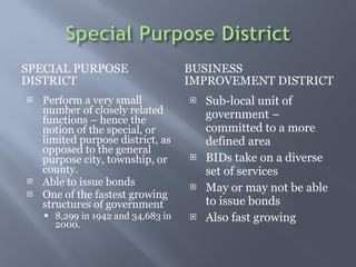 SPECIAL PURPOSE DISTRICT BUSINESS IMPROVEMENT DISTRICT  Perform a very small number of closely related functions C hence the notion of the special, or limited purpose district, as opposed to the general purpose city, township, or county. Able to issue bonds  One of the fastest growing structures of government 8,299 in 1942 and 34,683 in 2000.  Sub-local unit of government C committed to a more defined area  BIDs take on a diverse set of services  May or may not be able to issue bonds  Also fast growing 